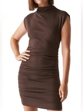 Michael Stars Rust Ribbed High Neck Ruched Dress - Size S